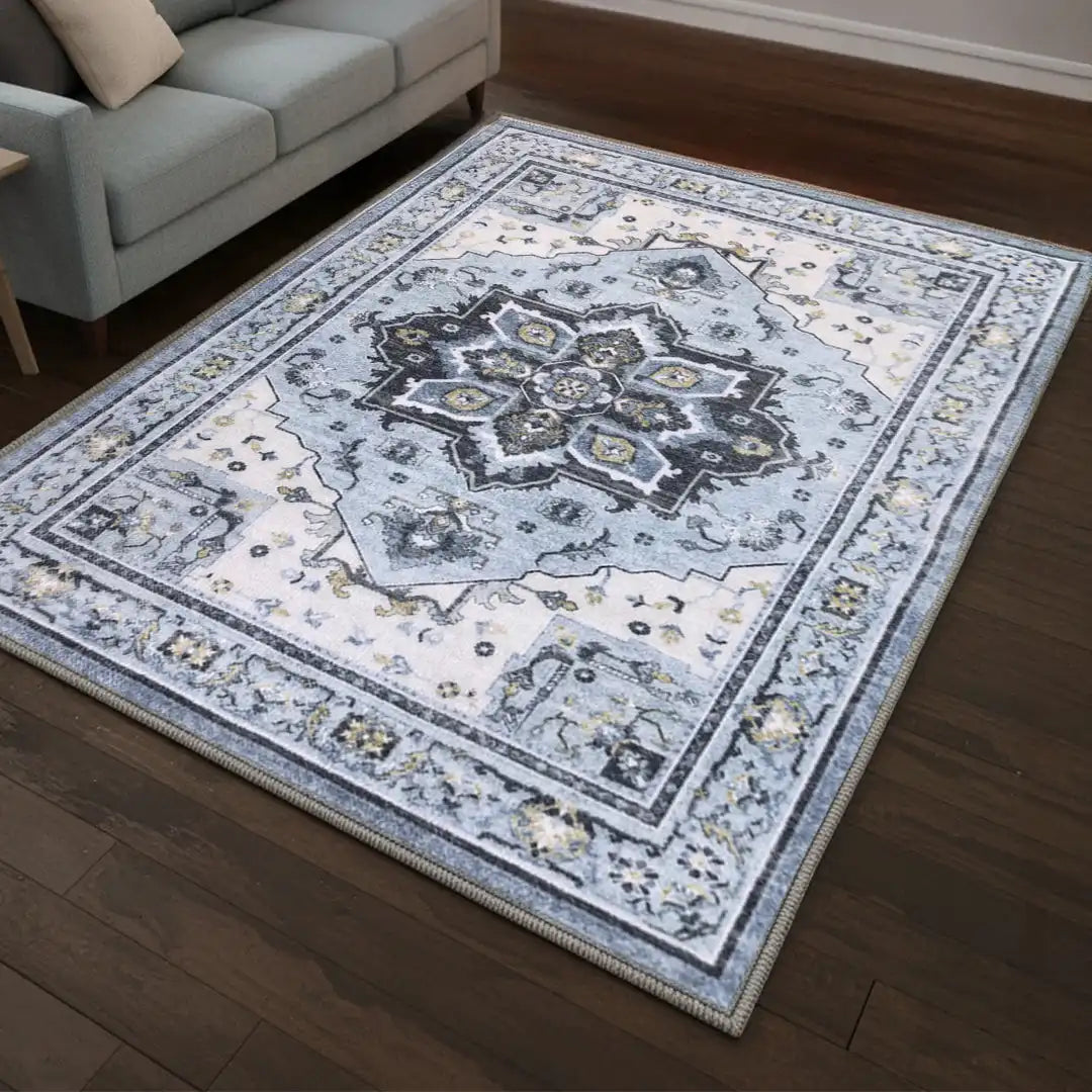 Muddy Carpet Azure Washable Area Rugs for Living Room, Bedroom & Dining Room – Modern Soft Low Pile Non Slip Carpet – Pet Friendly Waterproof Foldable Rugs for Home