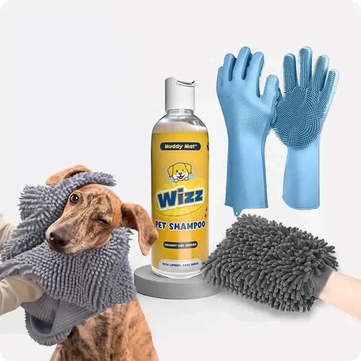 Muddy Mat® Dog Grooming Bundle – Rubber Scrubbers, Doggy Dryer, Muddy Mitt & Aloe Vera & Oatmeal Dog Shampoo for Itchy Skin Relief, Smelly Dogs & Sensitive Coats – 17 oz